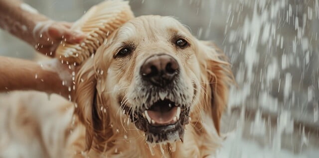 Illustration: A Golden Retriever blissfully getting brushed