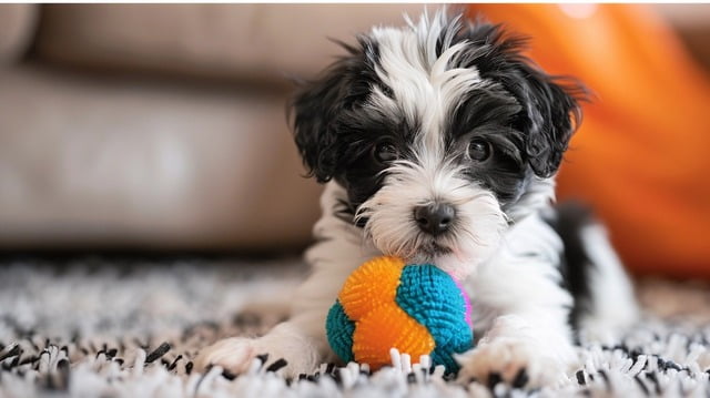 Havanese puppy playfully chewing on a toy