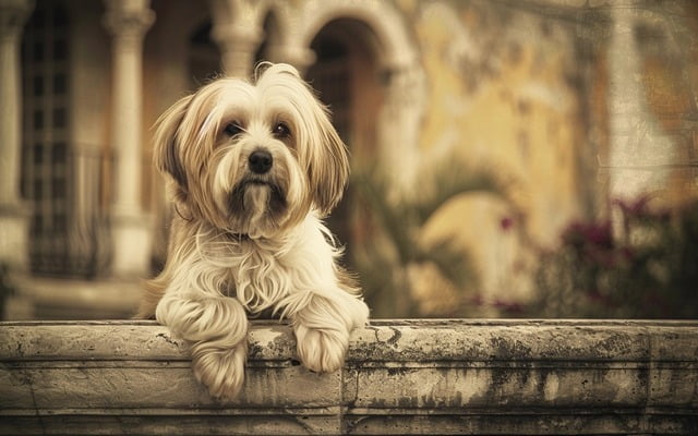 A vintage-style photo of a Havanese dog with old-fashioned Cuban architecture in the background.