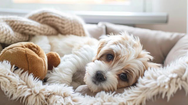 A playful Havanese puppy napping in a cozy bed