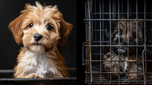 photo of a healthy Havanese puppy in a good environment and a sad puppy in a cramped cage.