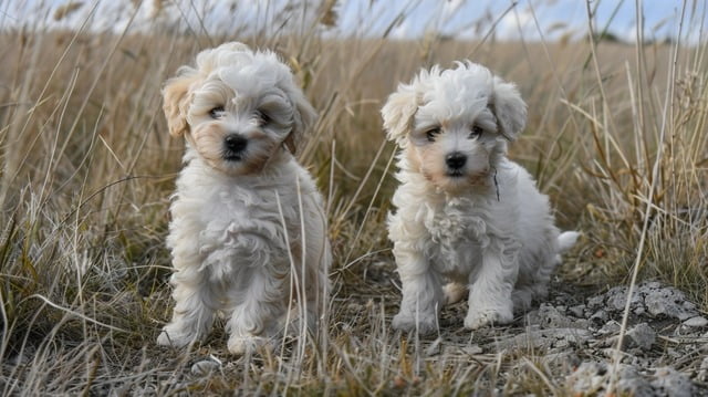 illustration:Two Bichon Frize pups