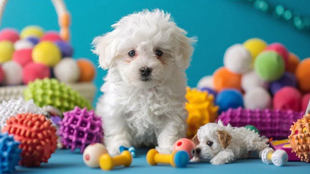Illustration: A Bichon puppy surrounded by toys