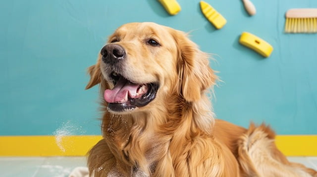 Illustration: A happy dog enjoys a teeth brushing session