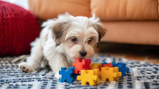 A Havanese puppy proudly solving a puzzle toy