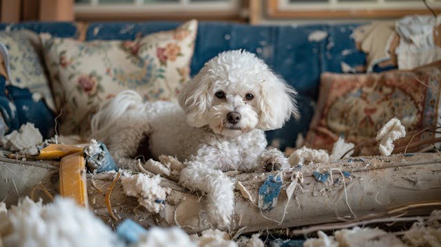 illustration:Bichon looks a bit guilty on the sofa
