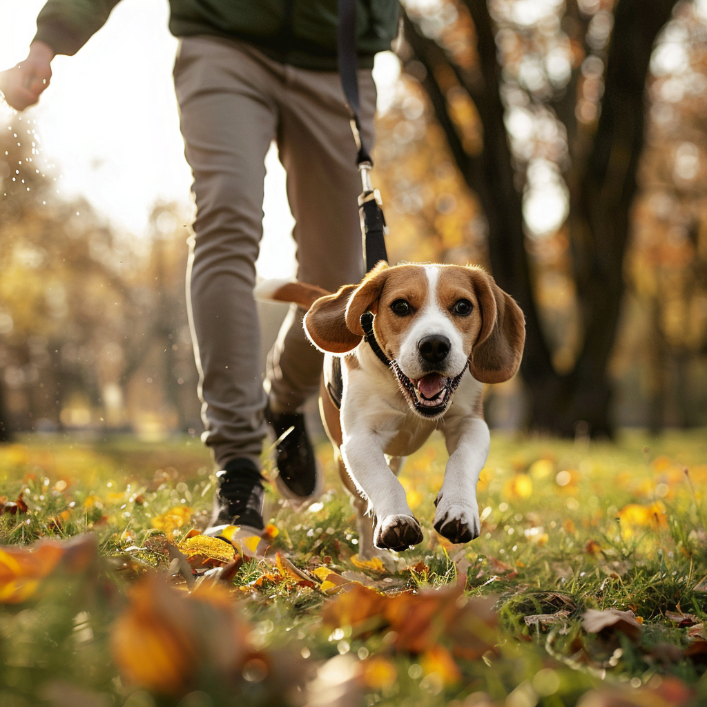 A Beagle is playing in the park with its owner
