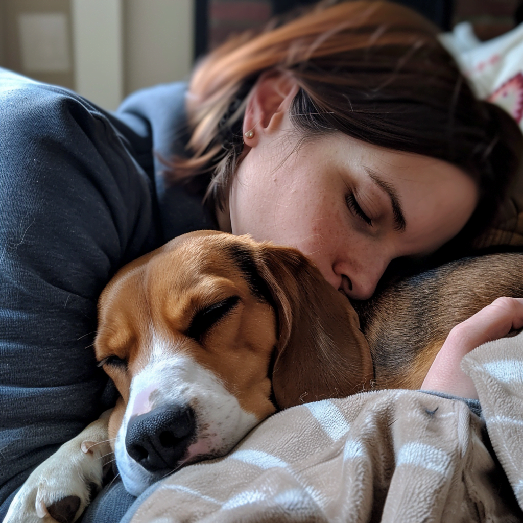 A Beagle owner and Beagle cuddling or playing together