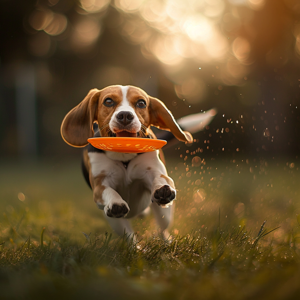 A Beagle running with a frisbee in its mouth