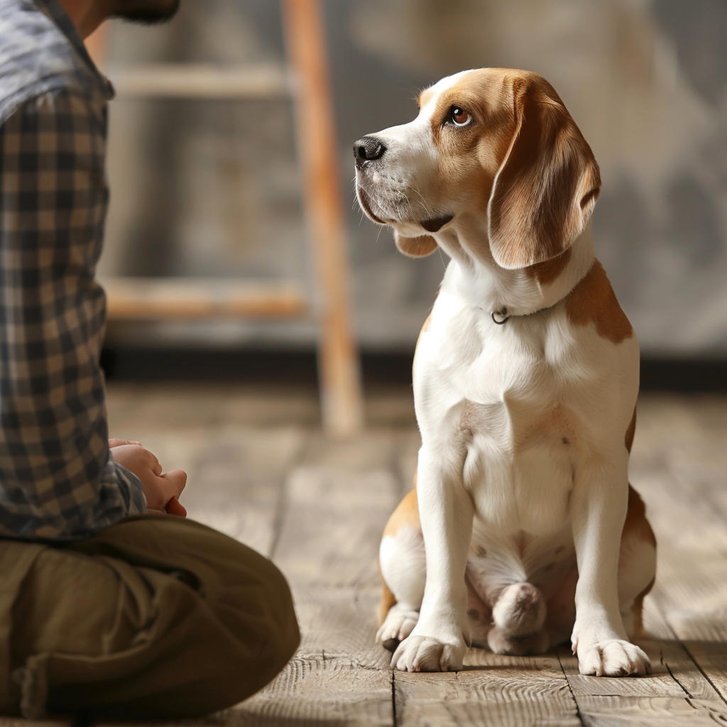 A Beagle sitting attentively during a training session with its owner