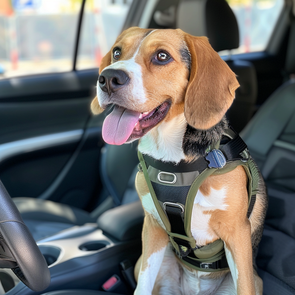 A Beagle sitting in the passenger seat of a car, wearing a harness