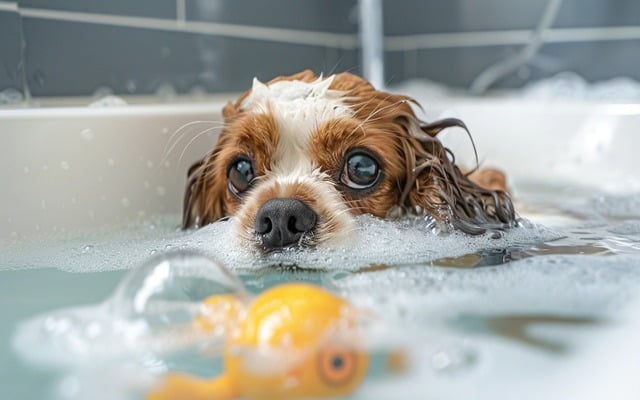 A Cavalier playfully enjoying a bath with a toy.
