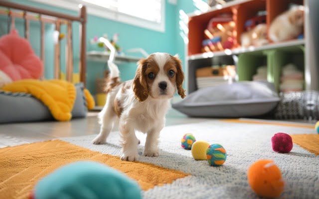 A Cavalier puppy is exploring a puppy room.