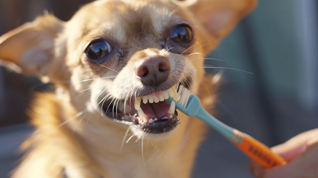 A Chihuahua mix having a delightful time getting its teeth brushed