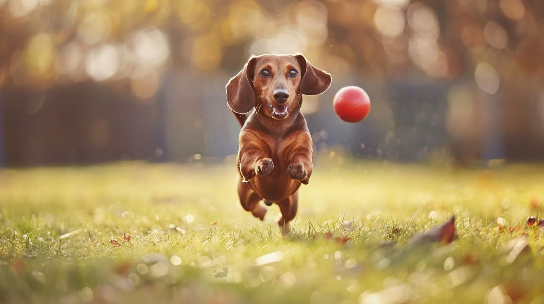 A Dachshund excitedly playing fetch on a low trajectory
