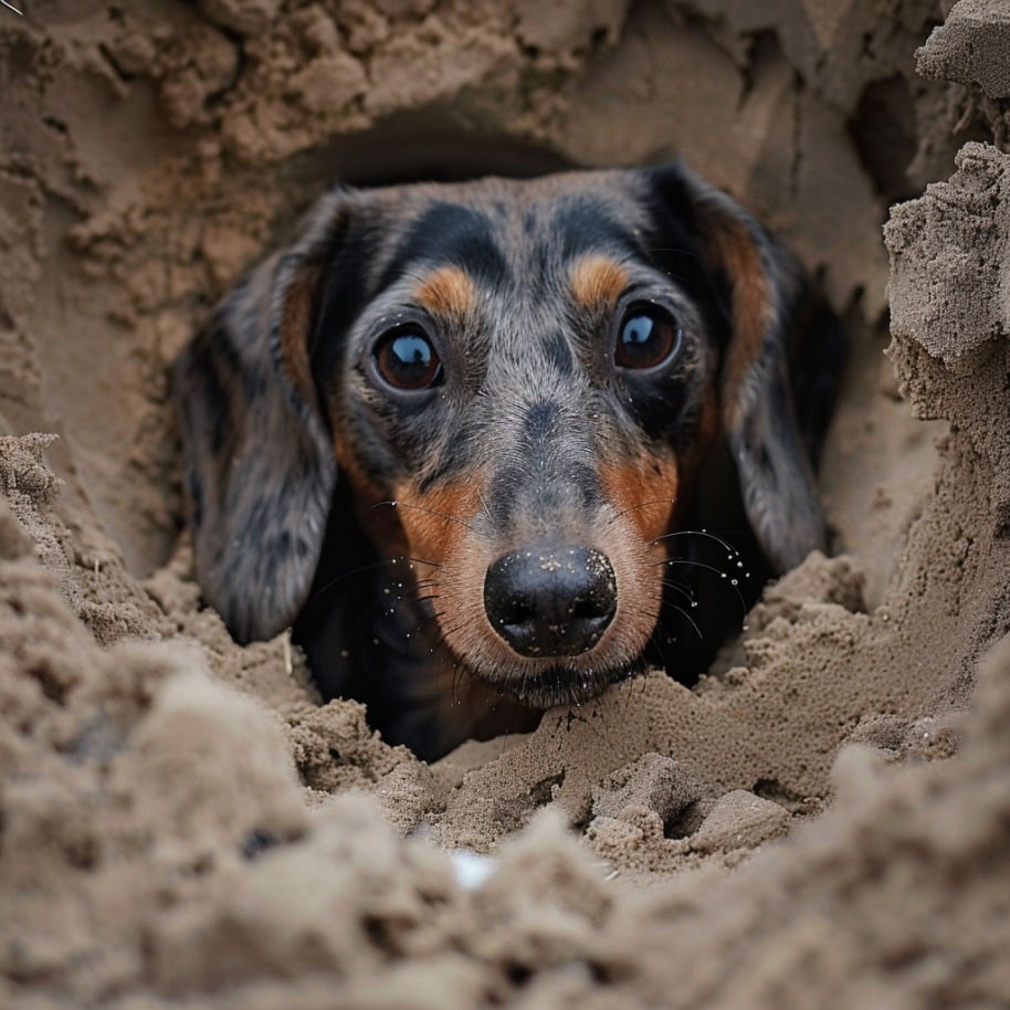 A Dachshund poking its head out of a burrow