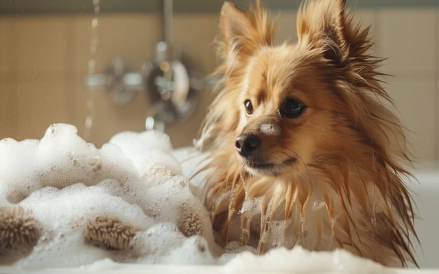 A German Spitz getting a bath with a fluffy pile of fur beside it.