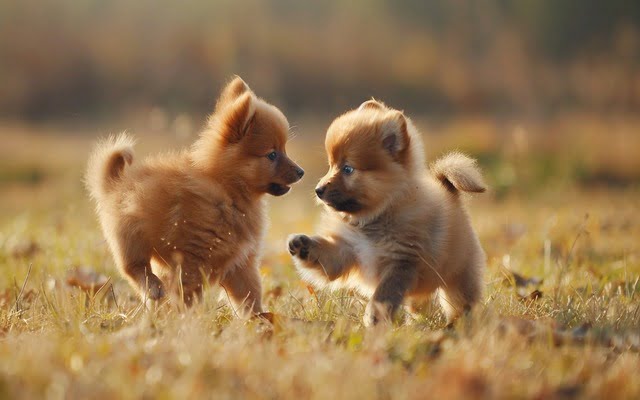 A German Spitz puppy playing with another puppy or a friendly dog.