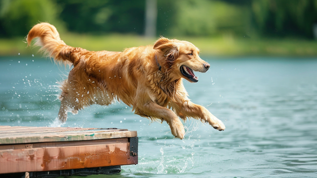 A Golden Retriever excitedly jumping into the water from a dock