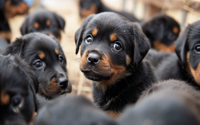 A Rottweiler puppy socializing with other puppies in a controlled setting