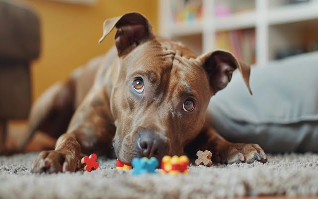 A Staffy engaged with a puzzle feeder or interactive dog toy