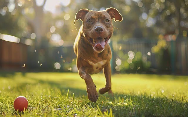 A Staffy happily playing fetch in a fenced-in yard