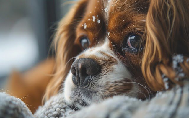 A close-up of Cavalier fur with subtle greasiness or a few dandruff flakes visible.