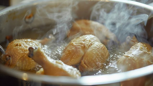 A close-up of the boiled chicken in the pot