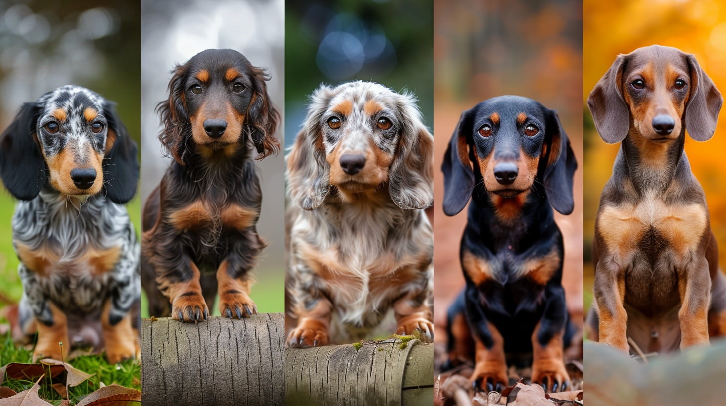 A collage showcasing several Dachshund coat types and colors