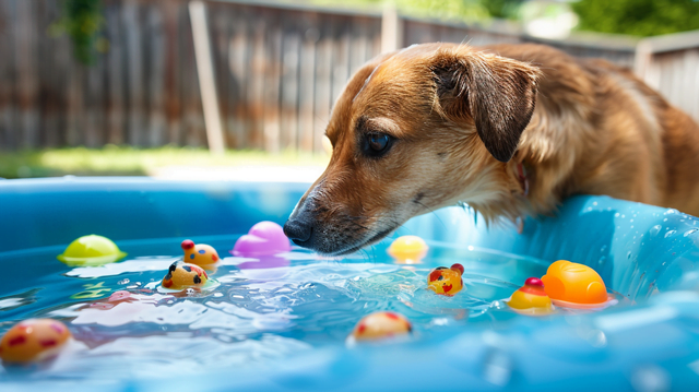 A dog curiously gazing into a kiddie pool filled with floating toys
