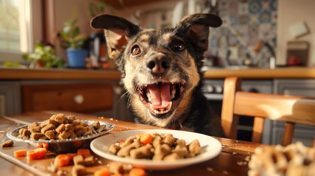 A dog excitedly eating new food with their old food close by