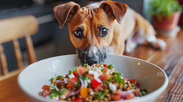 A dog excitedly sniffing a bowl of kibble topped with a colorful mix of fresh veggies and shredded meat