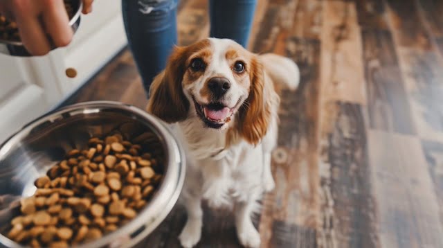 A dog excitedly waiting while their owner pours kibble into a bowl