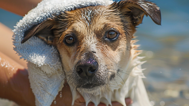 A dog having its ears dried with a towel after a swim