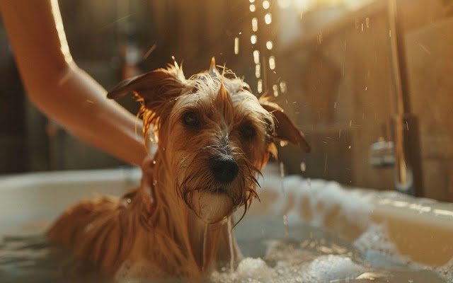 A dog owner giving their dog a bath