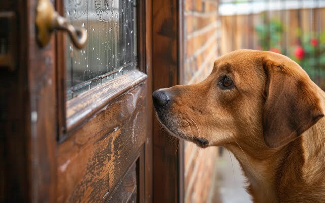A dog staring intensely at a closed front door