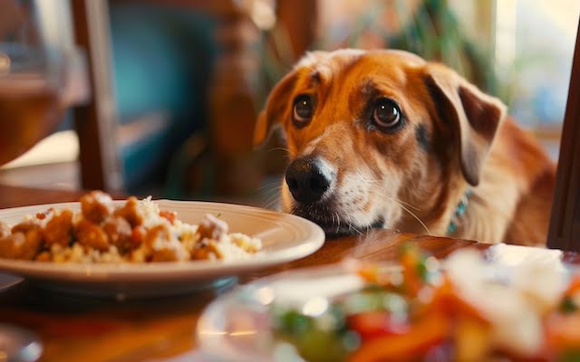 A dog staring longingly at their human's dinner