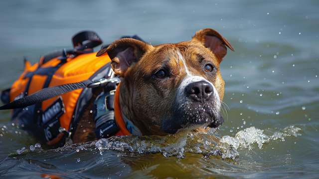 A dog swimming in the water with a life jacket and a harness