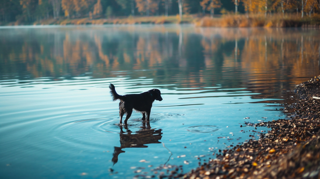 A dog tentatively walking into a calm lake