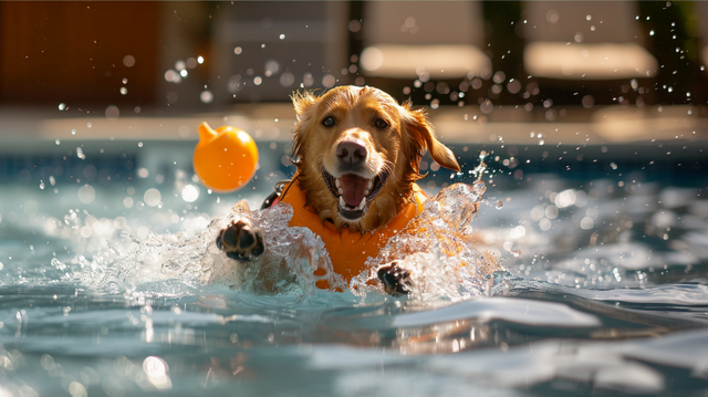 A dog wearing a lifejacket, gleefully splashing in a pool