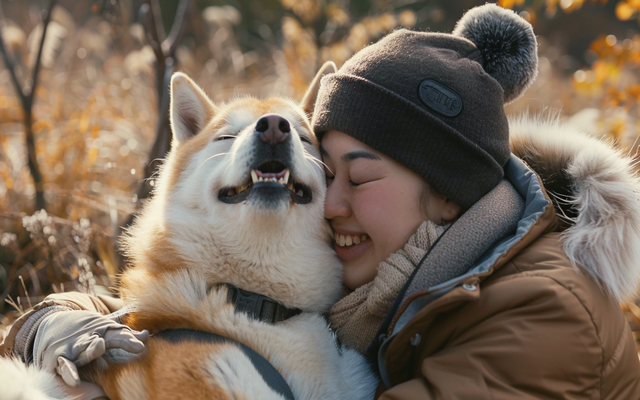 A happy Akita with its owner