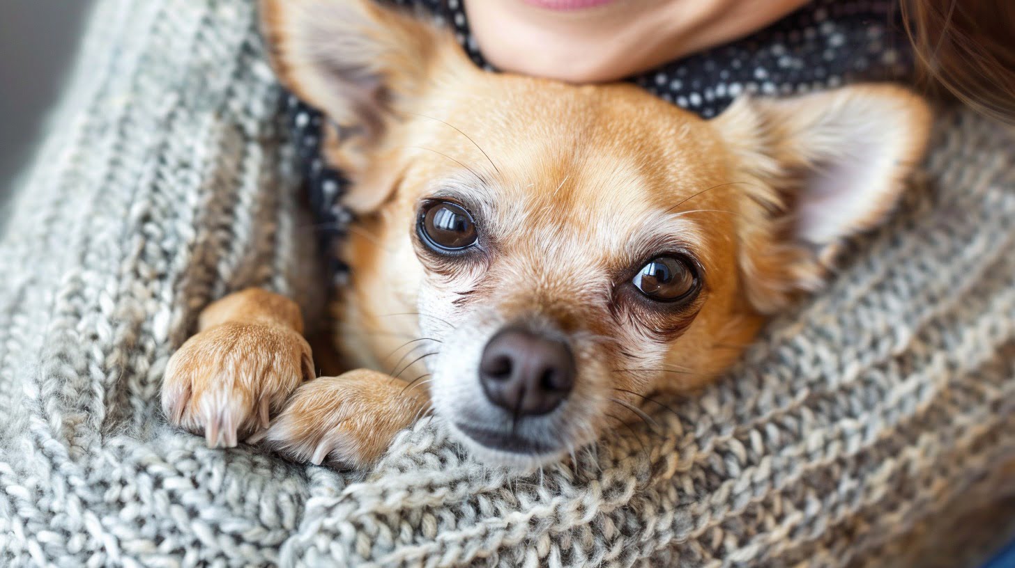 A happy Chihuahua mix snuggled up with its new owner