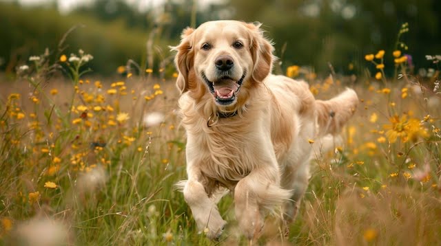 A healthy, happy dog walks across a field after recovering from diarrhea