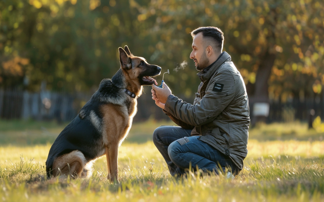 A man is training his dog with a whistle