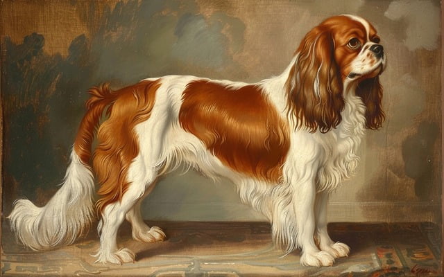 A painting or historical sketch depicts a Cavalier's ancestor with similar plumage.