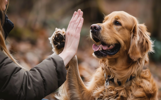A person giving their smiling dog a high-five