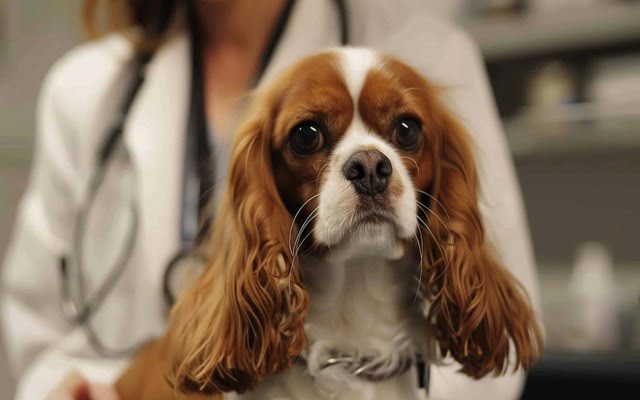 A photo of a Cavalier King Charles Spaniel receiving a checkup at the veterinarian.