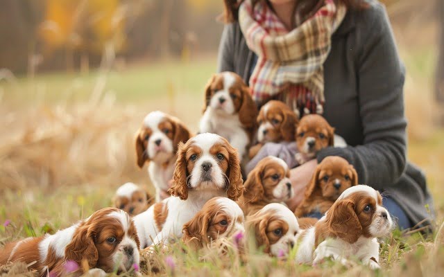 A photo of a Cavalier breeder with a litter of puppies.