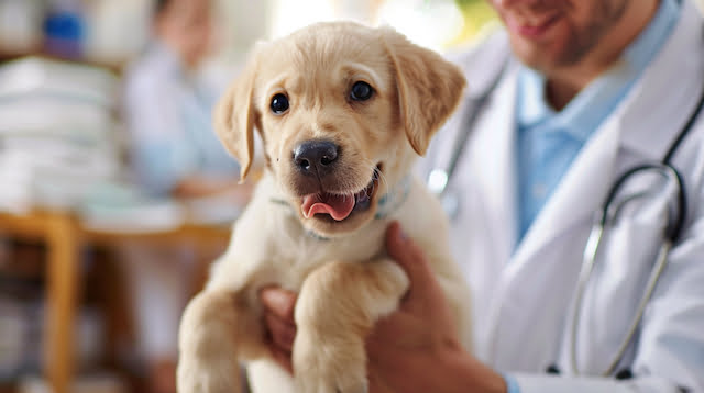 A photo of a veterinarian examining a playful puppy