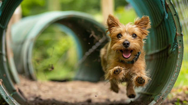 A small terrier excitedly entering an Earthdog tunnel.